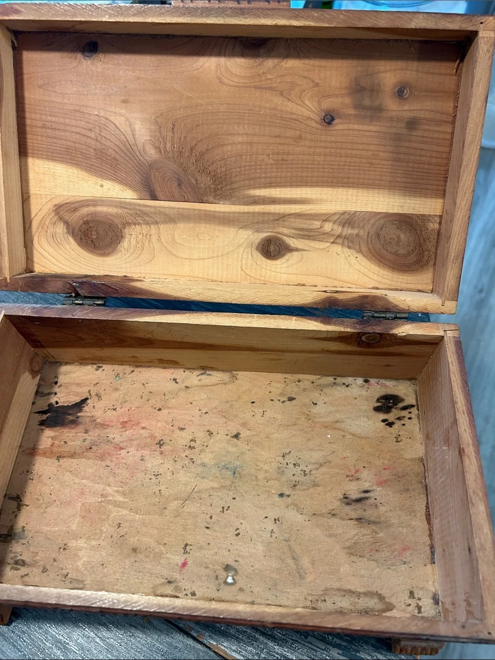 Hand-Carved Wooden Decorative Cedar Box in Warm Brown and Tan Cottage Core